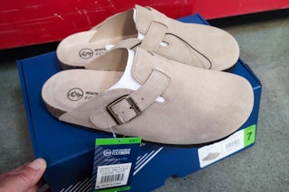 white mountain suede clogs on shoebox