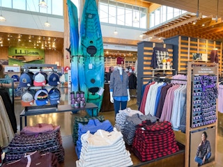 The inside of an L.L.Bean store showing products on display.