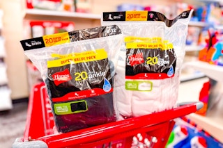 2 hanes men's socks packs sitting on a target cart