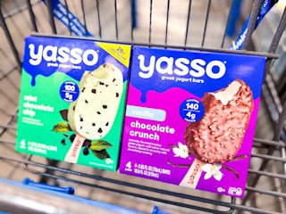 Two boxes of Yasso Yogurt Bars in Walmart shopping cart
