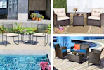 3 lifestyle images of Costway patio sets set up outdoors 