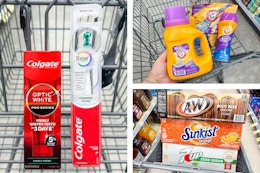 collage with colgate, arm & hammer, a&W, 7UP, and sunkist