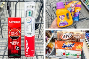 collage with colgate, arm & hammer, a&W, 7UP, and sunkist