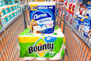 bounty paper towels and charmin toilet paper in a cart
