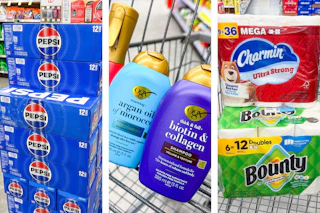 collage image of pepsi soda, ogx shampoo, and bounty and charmin paper products