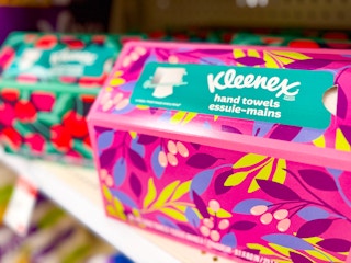 a pink floral box of Kleenex hand towels