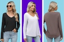  ANRABESS Womens Long Sleeve Shirts Casual V Neck Basic Tee Tshirts Loose Fit Curved Hem Tunic Top 2025 Fall Outfits