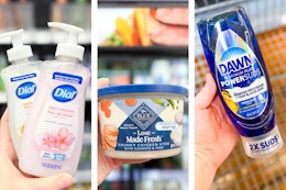 Dial handsoap, Blue fresh dog food & Dawn Power Suds