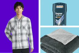 men's shacket, Degree deodorant, throw blanket