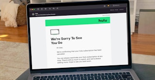 The email confirmation for a cancelled Hulu subscription on a laptop