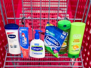 Cetaphil, Garnier, Vaseline, Dentek and Crest together in Target shopping cart