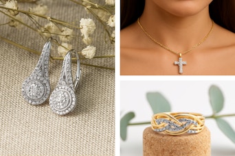 SuperJeweler earrings, necklace, and ring on display. 