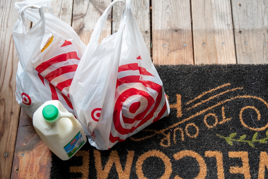 Target Shipt grocery delivery sitting on a doormat.