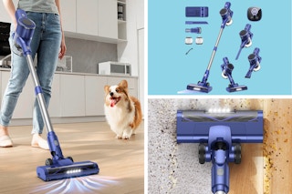A person uses the cordless vacuum on a wood floor near a dog. The vacuum and its attachments. Close-up of vacuuming.