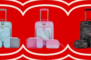 Three stock images of the Travelers Club 3-Piece Junior Travel Luggage Set in different color