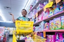 a person looking in a basket at dollar general 