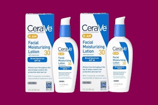 2 Cerave AM Lotions on a maroon background. 