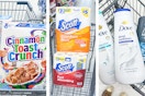 collage image of cereal, paper products, and body wash