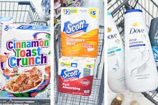 collage image of cereal, paper products, and body wash