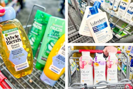 collage image of garnier shampoo, olay body wash, and lubriderm lotion