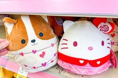 valentine's squishmallows on a shelf