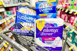 tampax tampon box and always discreet and maxi pad packs in a walgreens cart