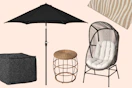 Outdoor pouf, umbrella, end table, egg chair & rug