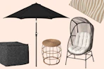 Outdoor pouf, umbrella, end table, egg chair & rug