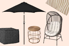 Outdoor pouf, umbrella, end table, egg chair & rug