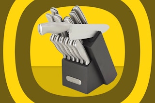 A Farberware cutlery set on a yellow-and-green background