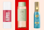 collage image of revlon blush drops, pixi tonic, and ogx hair spray