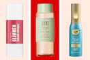 collage image of revlon blush drops, pixi tonic, and ogx hair spray
