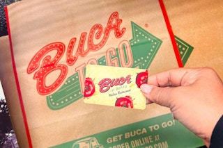 buca de beppo gift card and bag