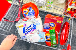 scott toilet paper, huggies wipes, tide detergent, garnier shampoo, colgate toothpaste, and total home trash bags in a cart