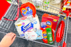 scott toilet paper, huggies wipes, tide detergent, garnier shampoo, colgate toothpaste, and total home trash bags in a cart