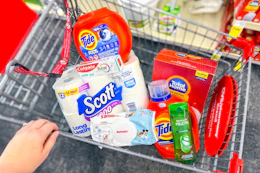 scott toilet paper, huggies wipes, tide detergent, garnier shampoo, colgate toothpaste, and total home trash bags in a cart