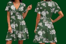 a woman wearing a green dress on a green background