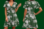 a woman wearing a green dress on a green background