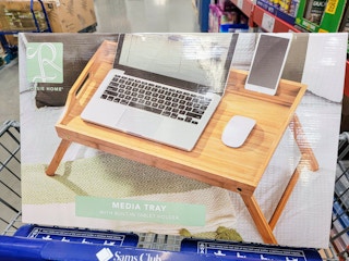 a wooden media tray for holding a computer, phone, and mouse in a cart