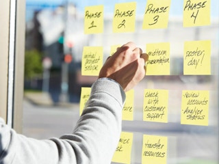 a person writing on sticky notes on a window 