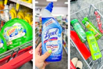 collage image of gain flings, lysol toilet bowl cleaner, and garnier shampoo