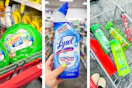 collage image of gain flings, lysol toilet bowl cleaner, and garnier shampoo