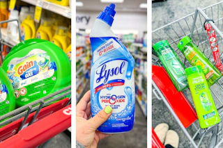 collage image of gain flings, lysol toilet bowl cleaner, and garnier shampoo