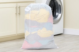 a mesh laundry bag in a laundry room