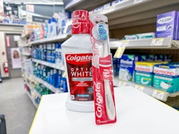colgate toothbrush and mouthwash on walgreens shelf