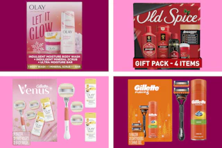 proctor and gamble gift set collage with old spice, venus,  olay, and gillette