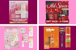 proctor and gamble gift set collage with old spice, venus, olay, and gillette