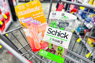 packs of skintimate and schick razors in a cart