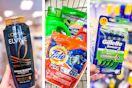 collage image of loreal elvive shampoo, tide and gain detergents, and gillette disposable razors