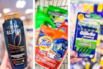 collage image of loreal elvive shampoo, tide and gain detergents, and gillette disposable razors